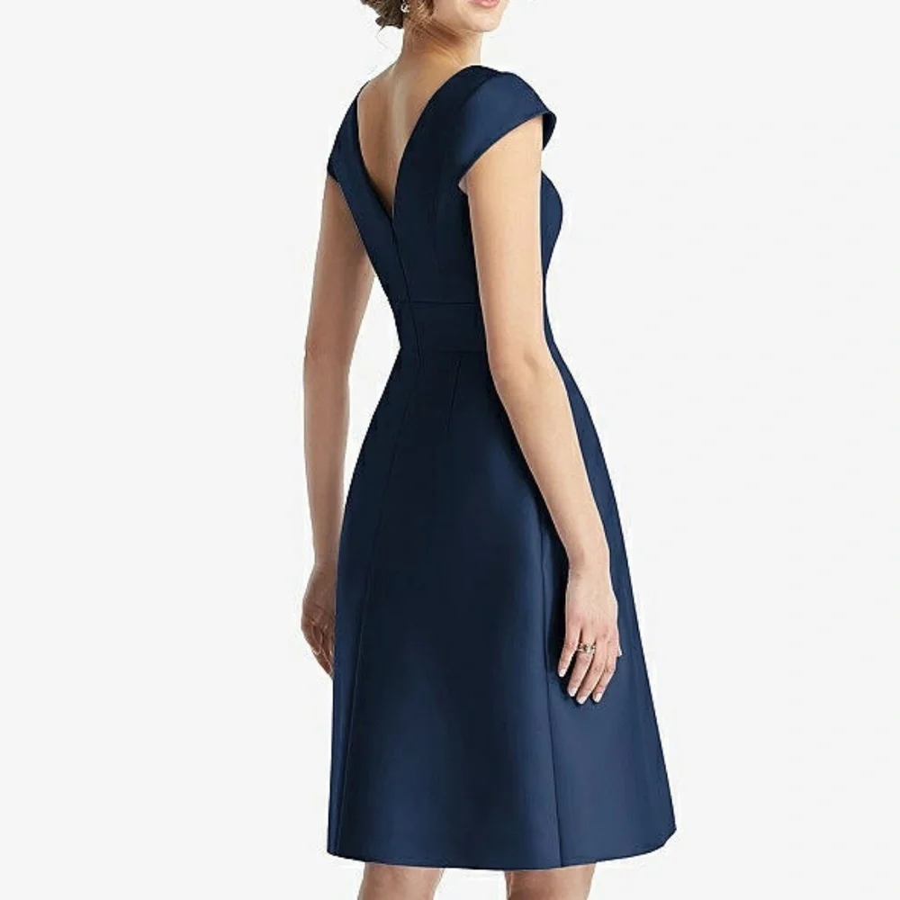 Alfred Sung Cap Sleeve Pleated Cocktail Dress With Pockets  Navy Size 14 - Picture 8 of 10